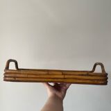 Vintage wooden and rattan tray with bamboo handle, bohemian style, wabi sabi, year