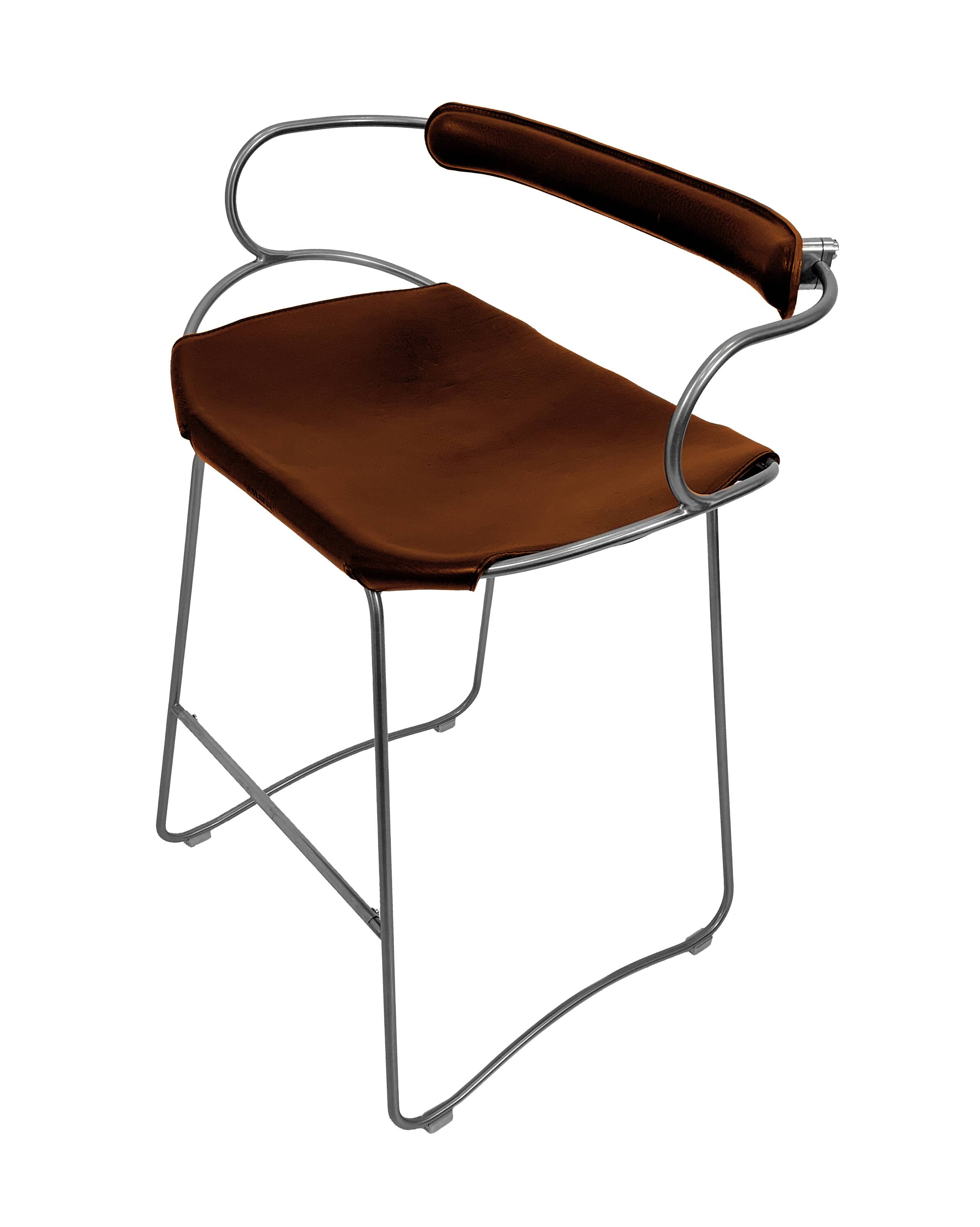 Bar stool with a backrest in aged silver metal and cognac leather, organic design.