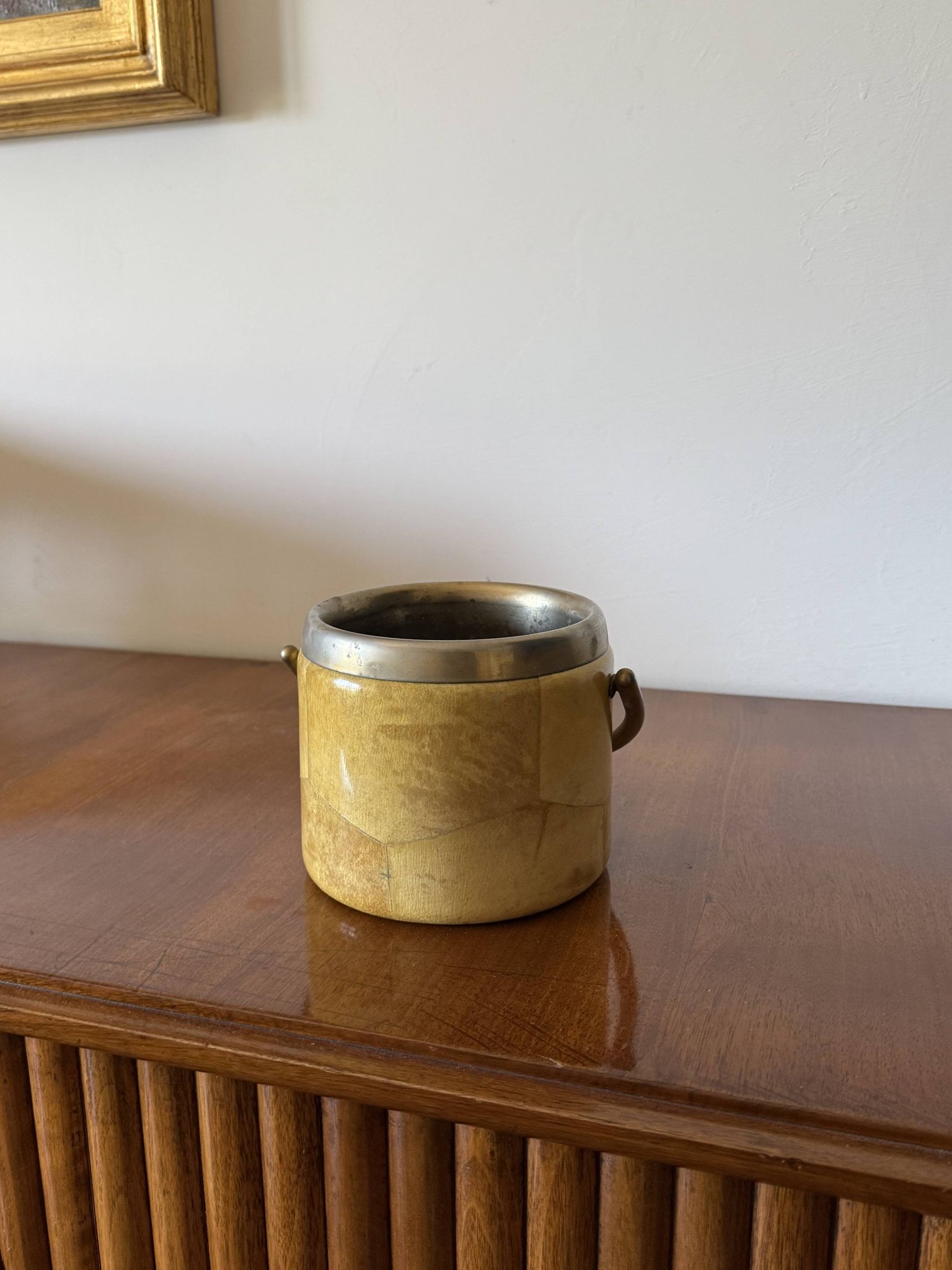 Mid-century cream parchment ice bucket, Aldo Tura Italy 1950s
