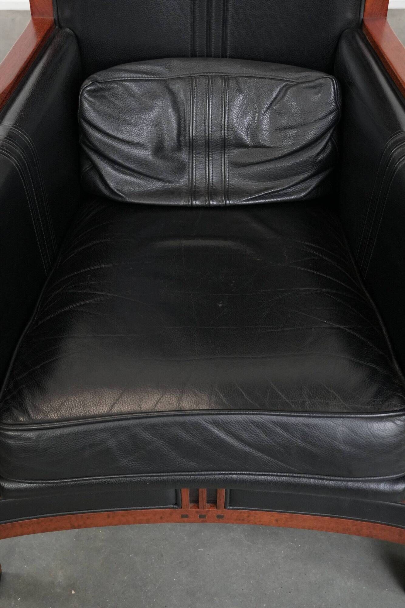 Beautiful set of 2 black cow leather Art Deco design armchairs with high back