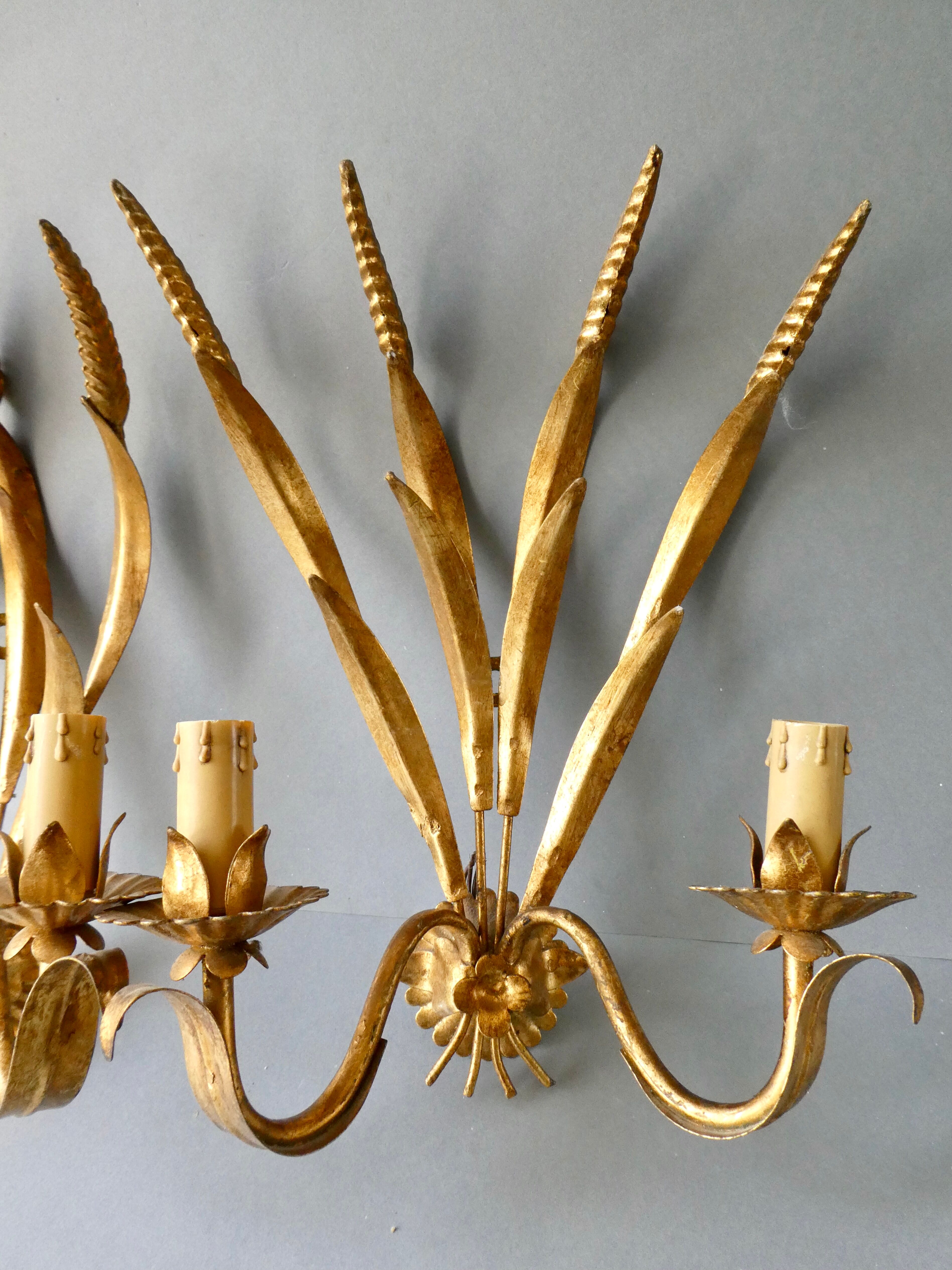 Pair of gold metal wheat ear sconces, 70s-80s