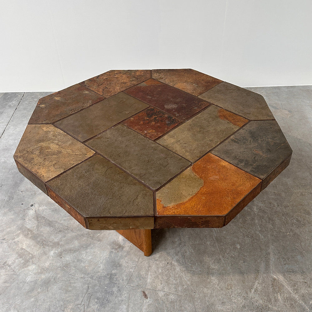 Large vintage slate mosaic coffee table, oak pedestal base, brutalist octagonal