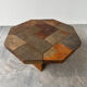 Large vintage slate mosaic coffee table, oak pedestal base, brutalist octagonal