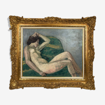 Oil on canvas by Marthe Orant (1874-1957), "Naked on the green sofa", early 20th