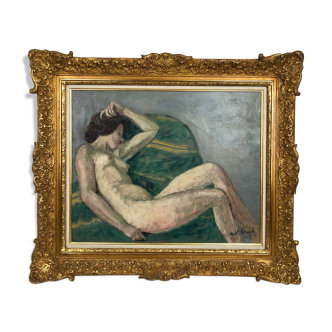 Huile sur toile signée Marthe Orant (1874-1957), " Nue au sofa vert", début XXème