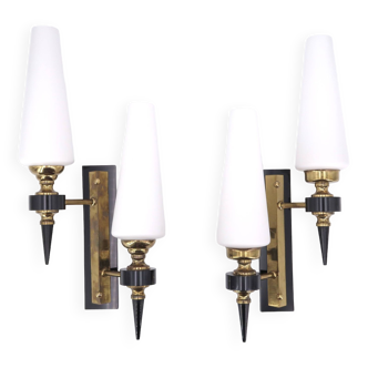 Pair of brass and opaque glass sconces, 1950s