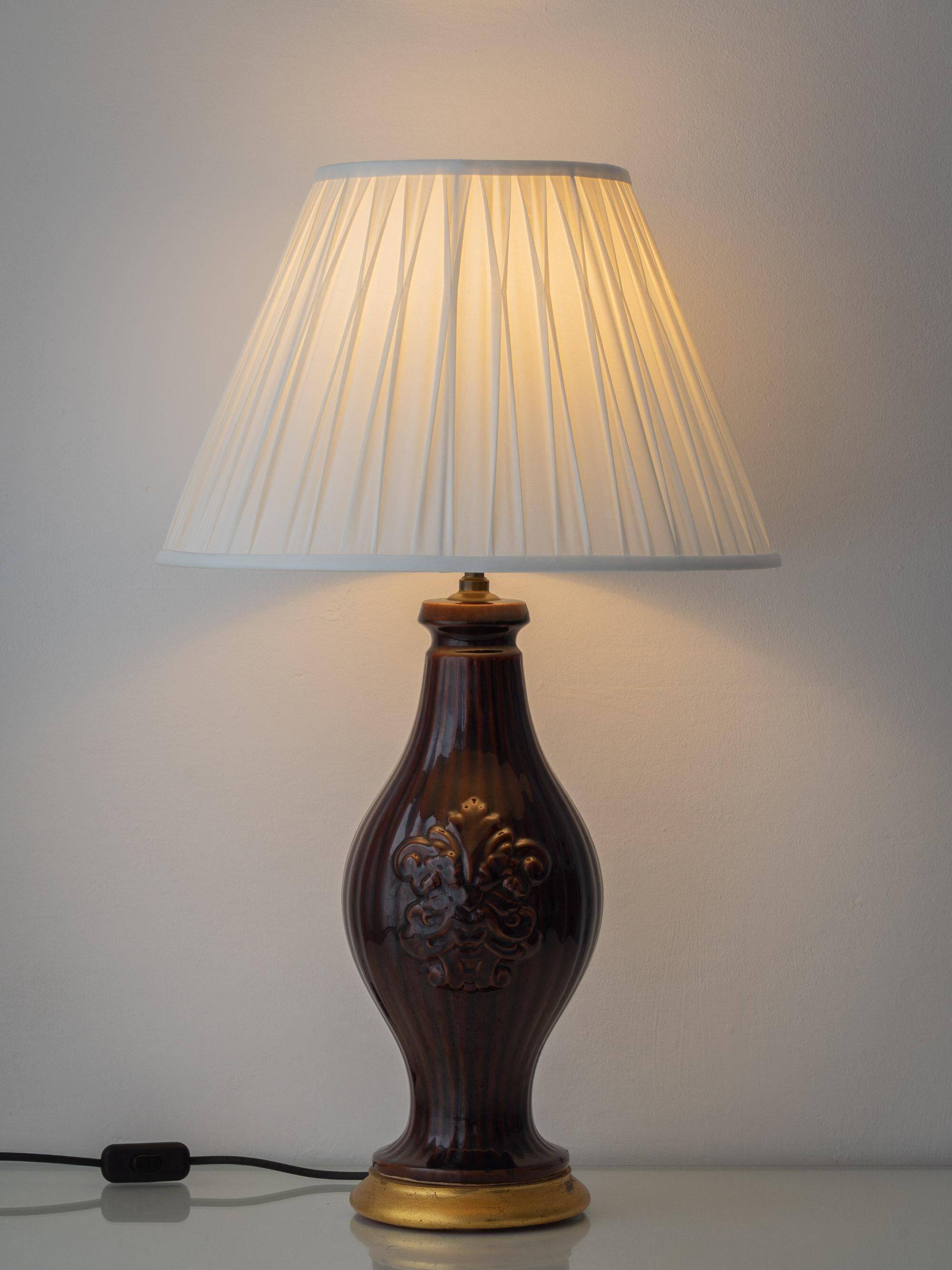 Chocolate glazed ceramic table lamp from Manises, Spain, 1960s with a new silk shade.