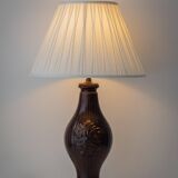 Chocolate glazed ceramic table lamp from Manises, Spain, 1960s with a new silk shade.