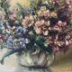 Old painting of a bouquet of flowers, oil on wood.