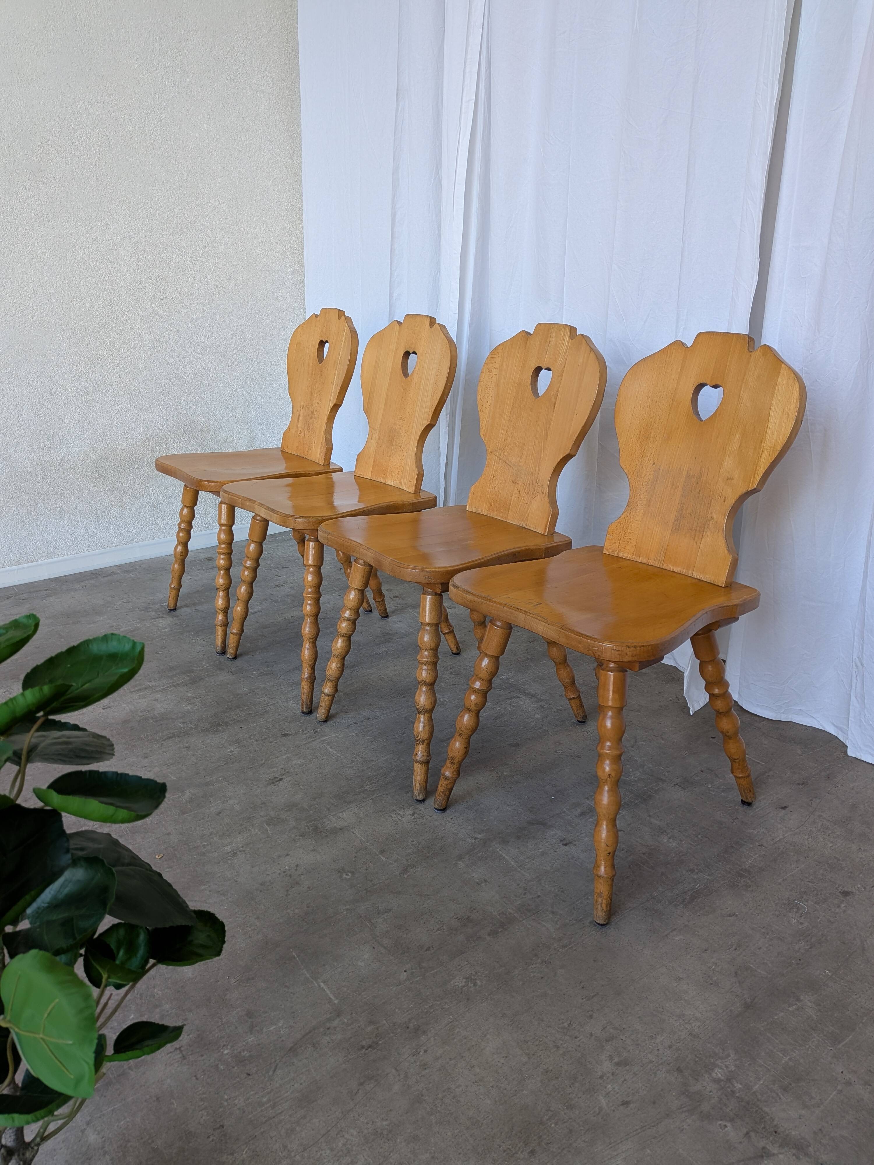 Set of 4 Vintage Tyrolean Heart Cutout Wooden Dining Chairs