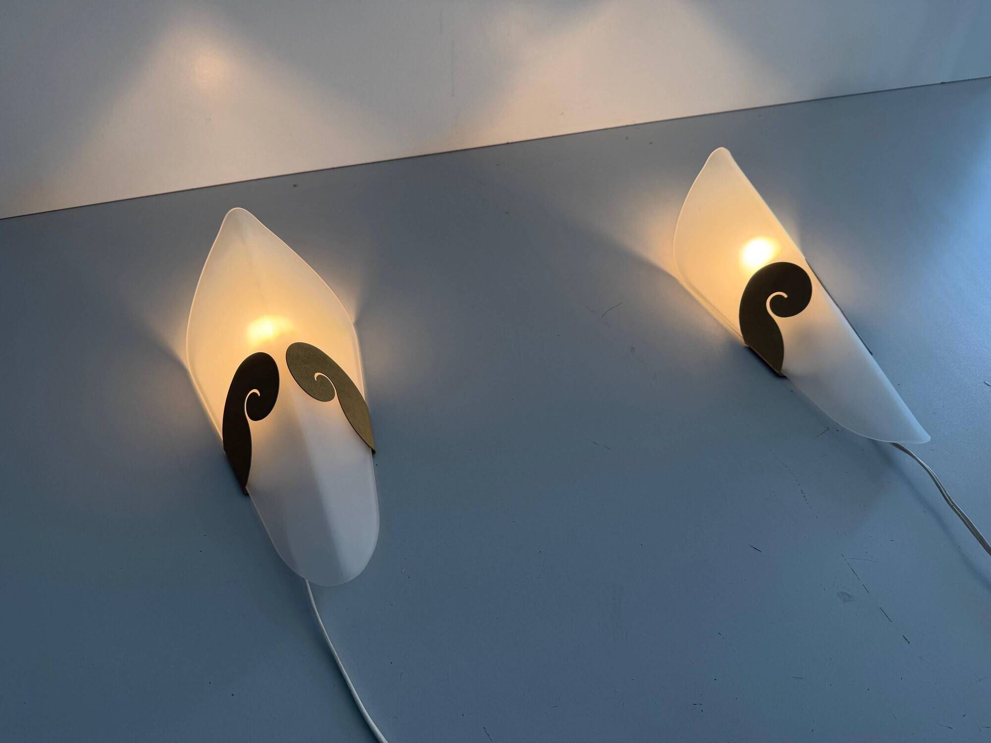Pair of glass and metal wall lights AGE, 1980s, Italy