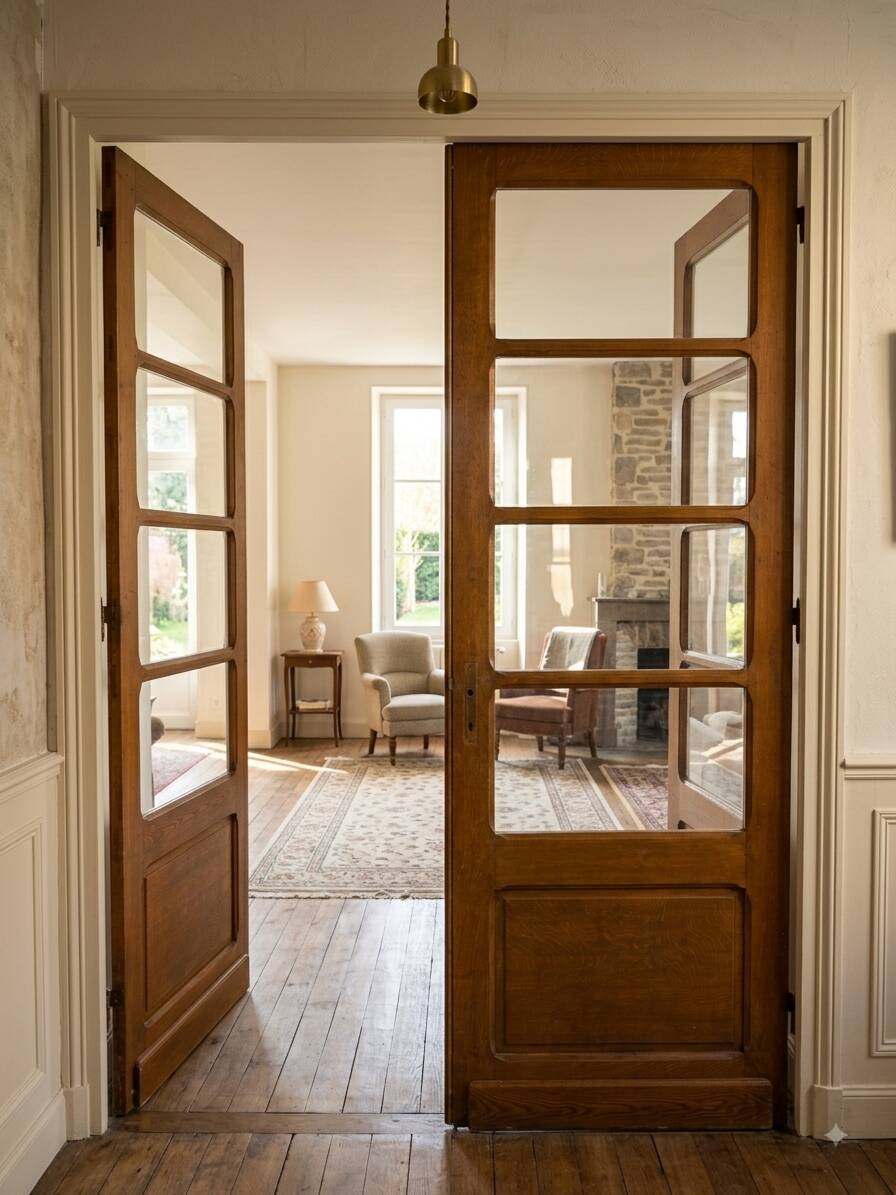 Paire de portes de séparation anciennes, verres biseautés