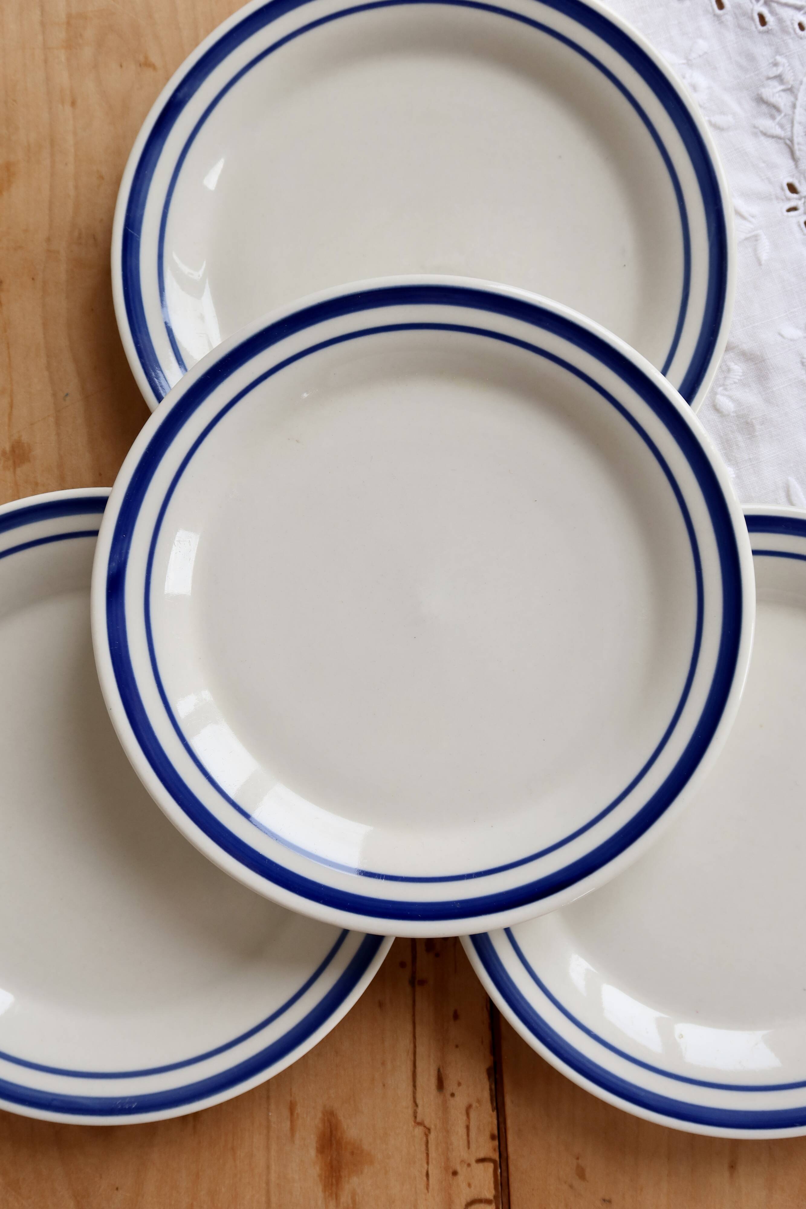 4 vintage dessert plates earthenware – double blue border bistro style