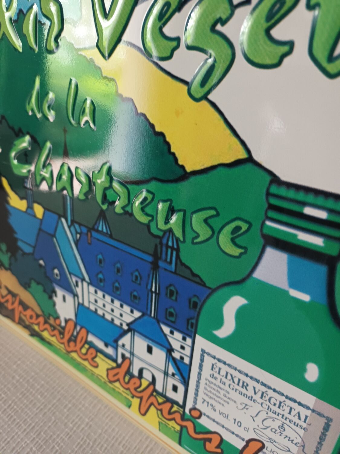 Chartreuse enamelled sheet metal advertising plate