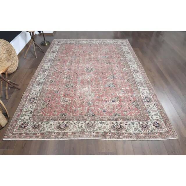 1970s Vintage Turkish Handmade Wool Pink Oversized Area Rug 212x290