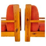 Mid Century Modern Vintage Wood and Red Velvet Armchairs, set of two, Italy 1970