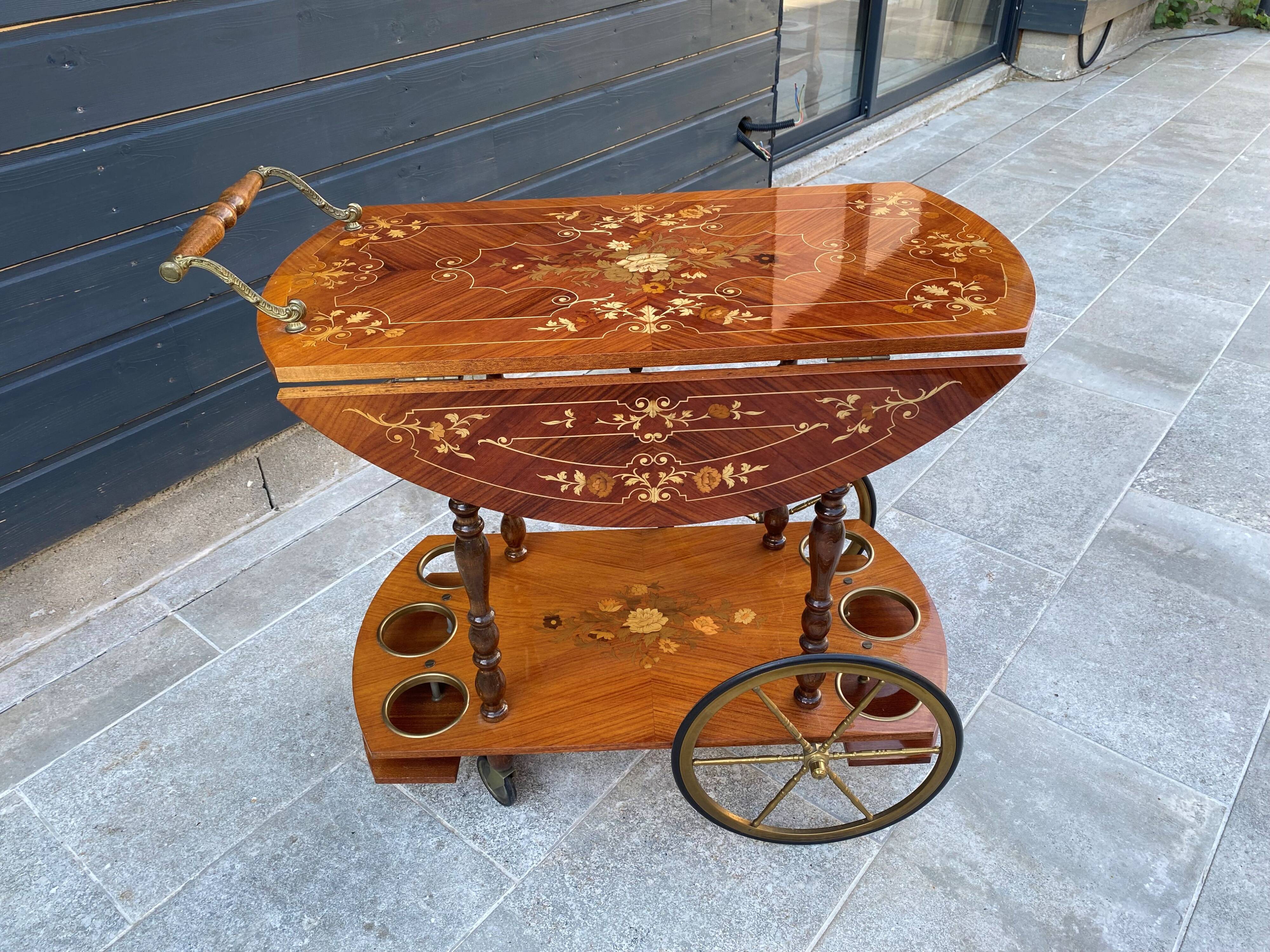 Round folding serving trolley with vintage bar marquetry on wheels, 1950s