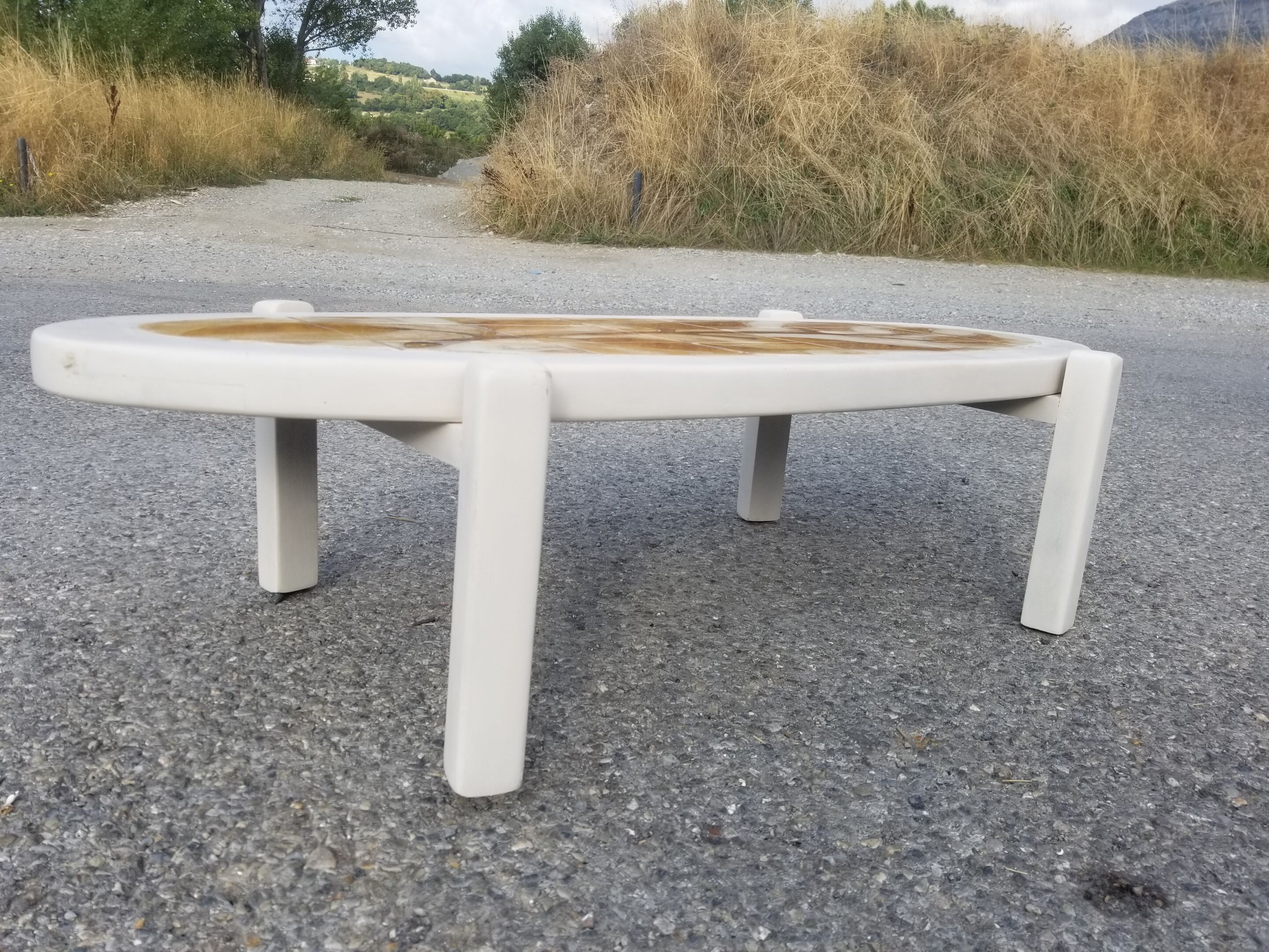 Vintage oval wooden and ceramic coffee table signed Dan - Vallauris