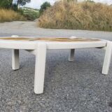 Vintage oval wooden and ceramic coffee table signed Dan - Vallauris