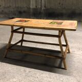 Table basse en rotin avec carreaux de céramique, années 60
