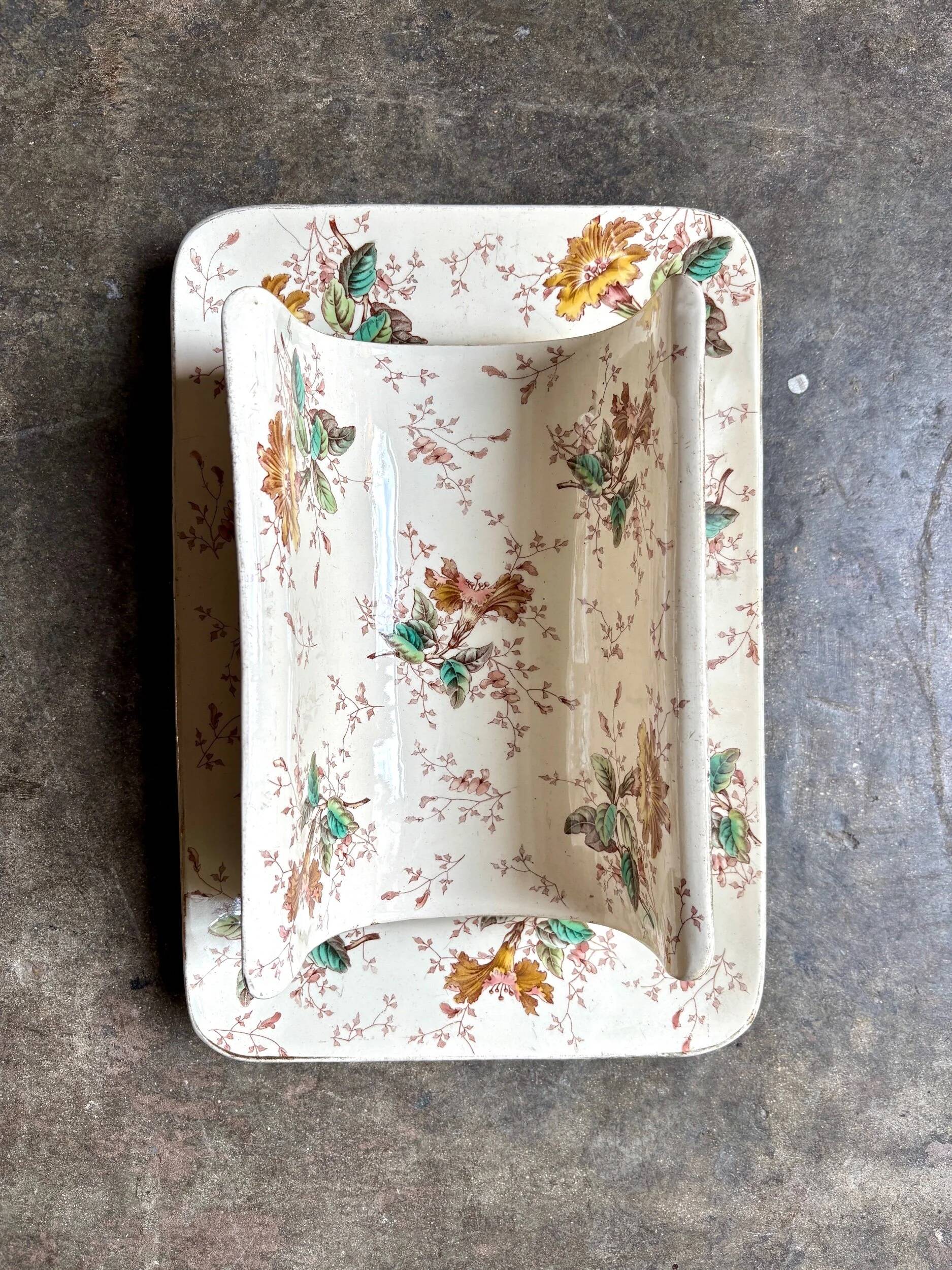 Lunéville asparagus dish in polychrome and gilded ironstone