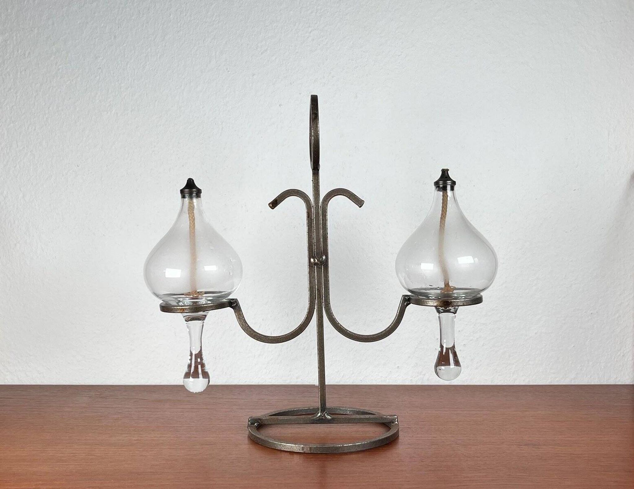 Mid-century Danish wrought iron and glass table oil lamp, 1960s.