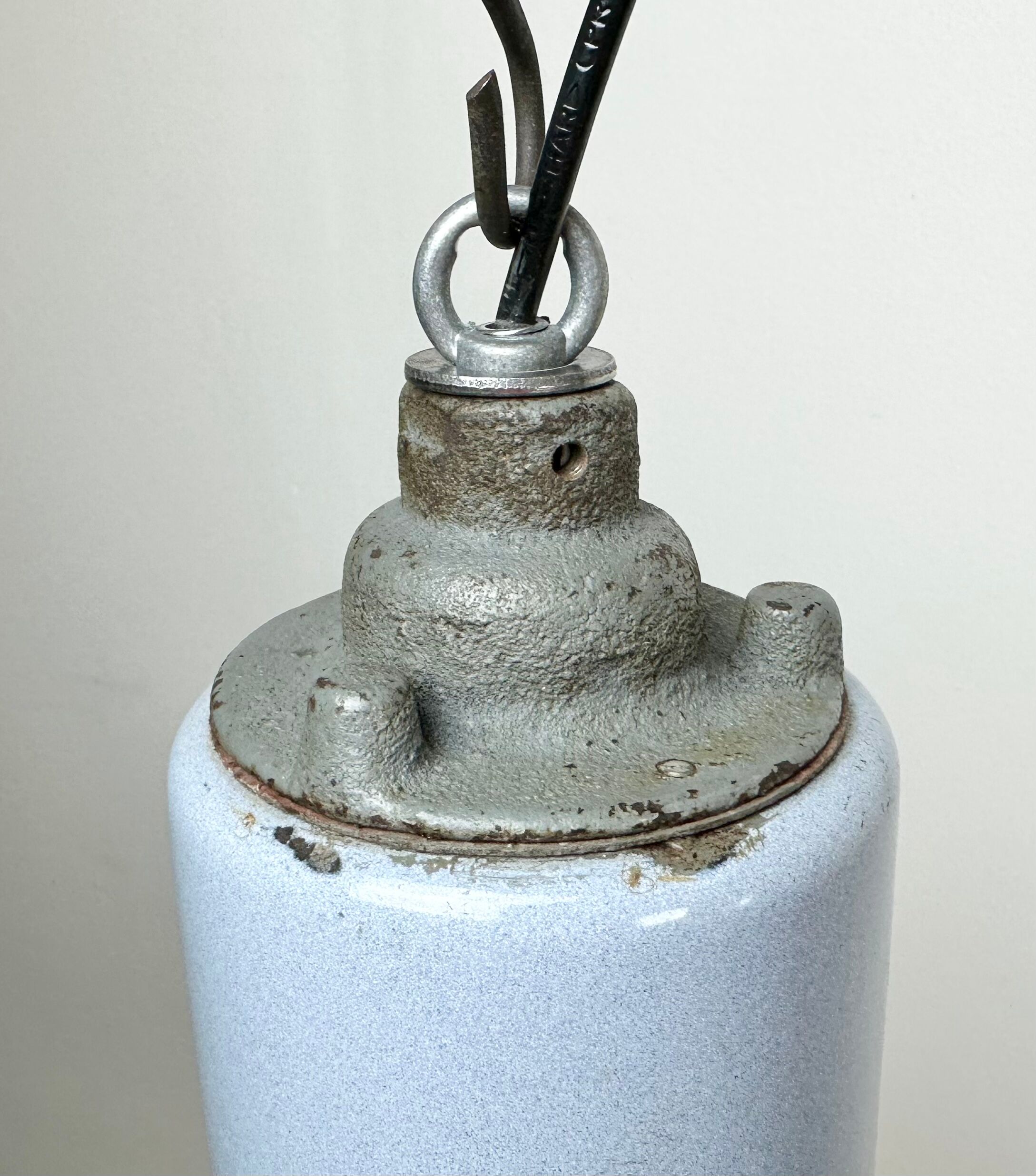 Bauhaus grey enamel industrial pendant lamp with glass cover, 1950s