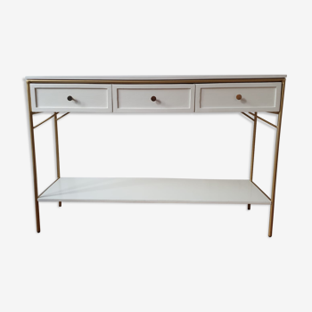 Console 3 tiroirs en acacia massif blanc et laiton