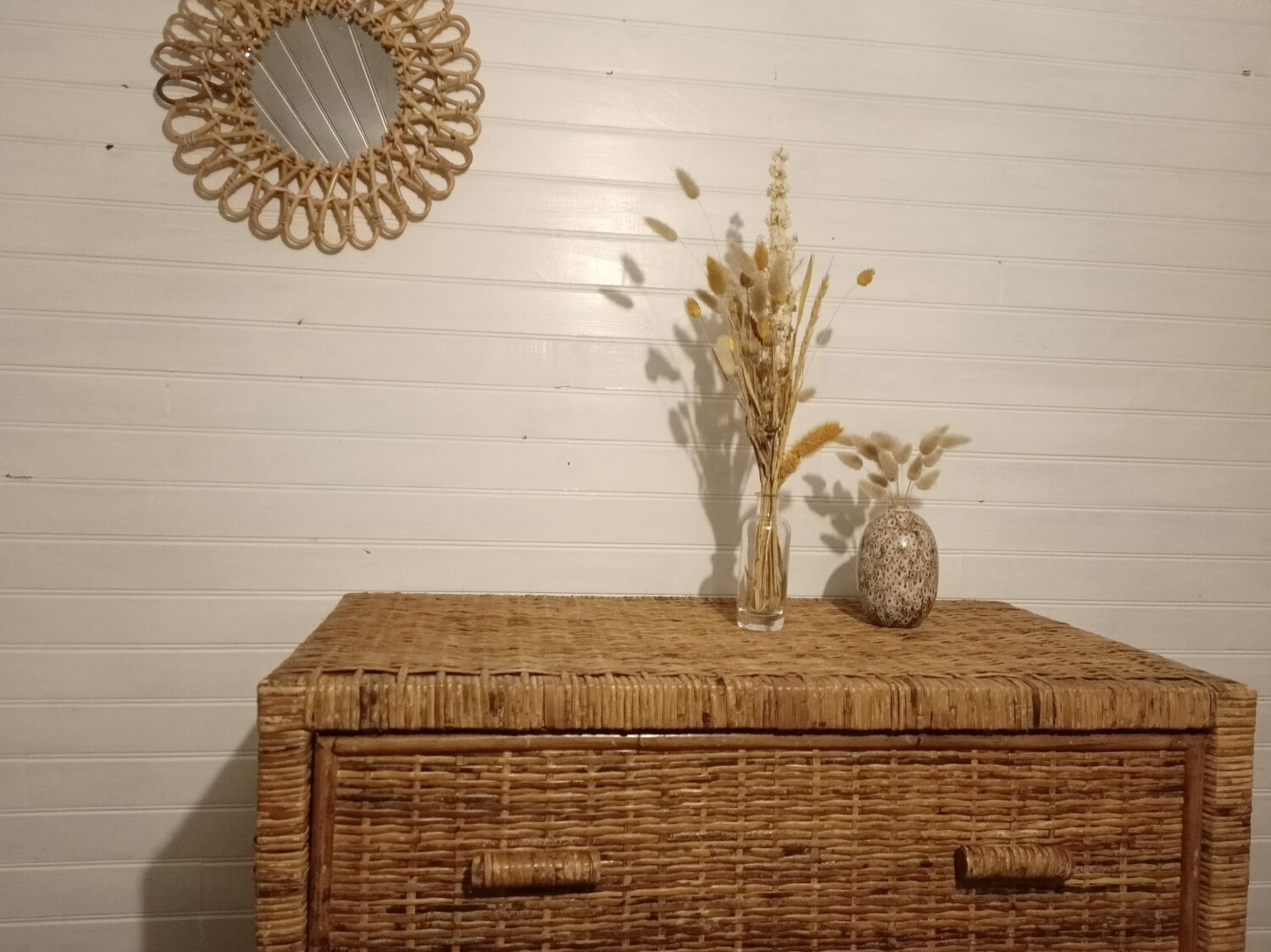 High wood and rattan chest of drawers
