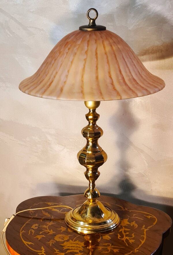 lampe laiton polie 1970 abat jour pate verre vianne 56x35 elec ok