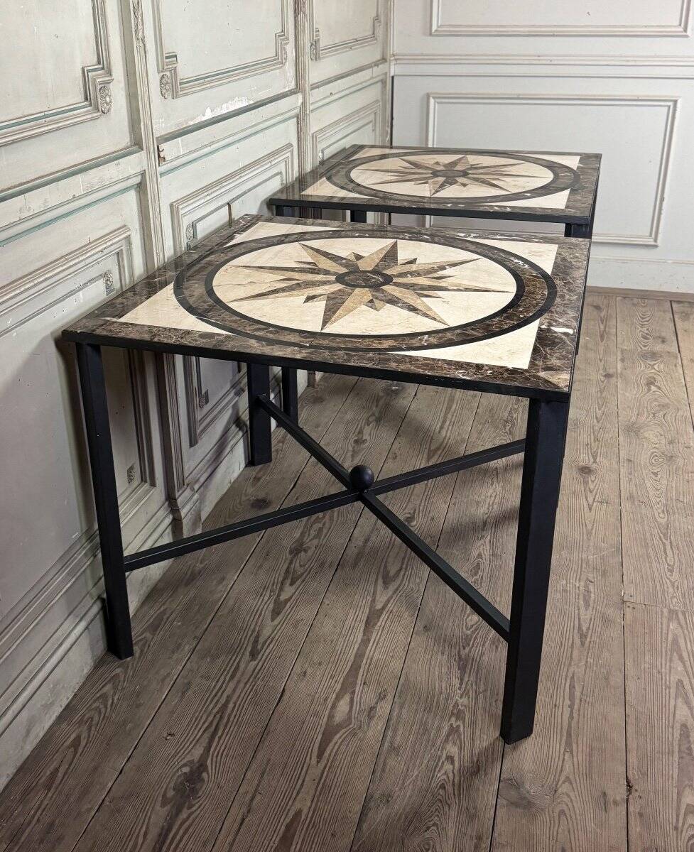 Pair of marble and metal tables, marble marquetry compass rose, circa 1990