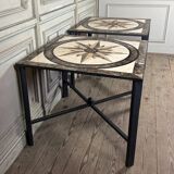 Pair of marble and metal tables, marble marquetry compass rose, circa 1990