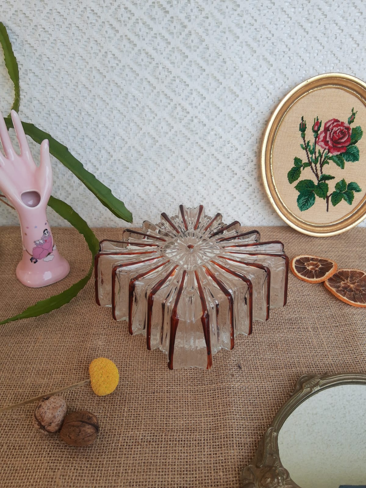 Ceiling lamp / wall lamp in molded glass two-tone square 70s