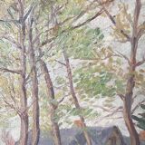 Old oil on canvas, wooded landscape with house, gilded frame.