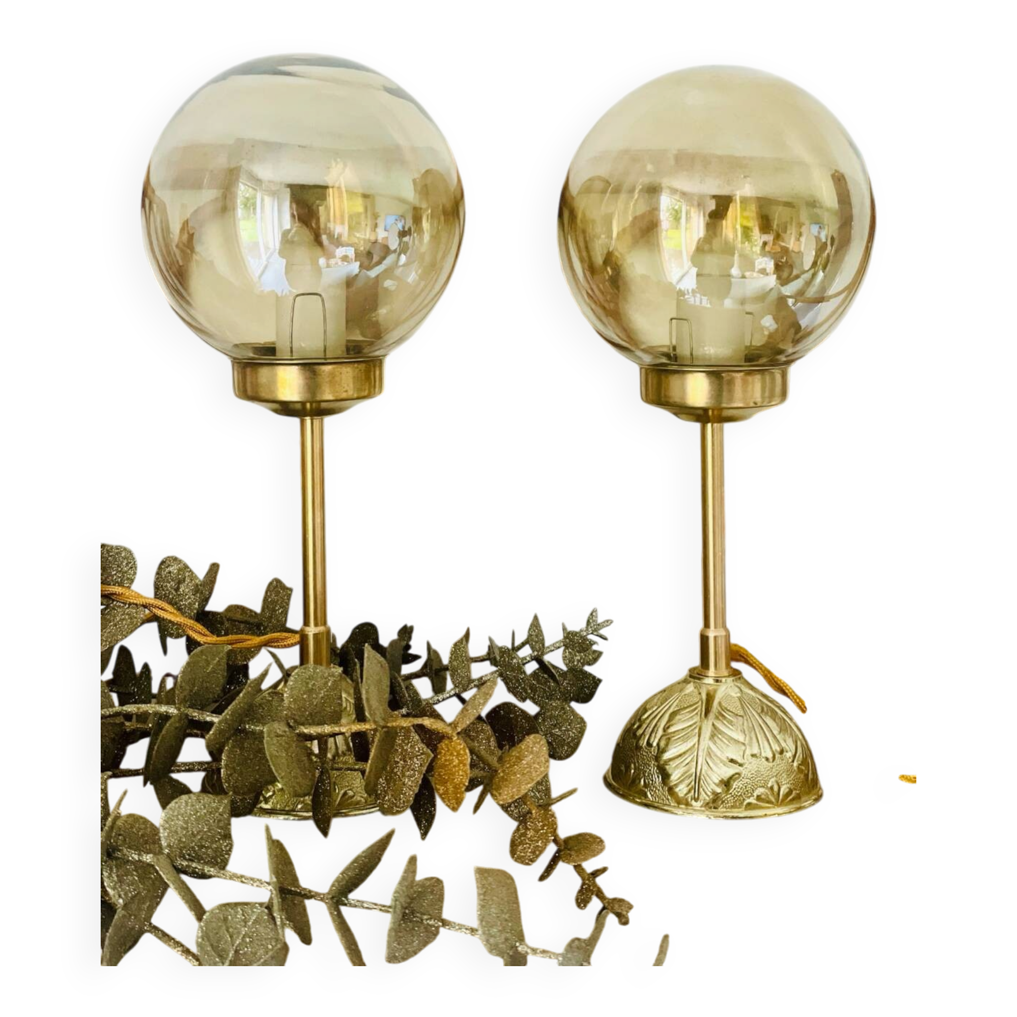 2 round globe amber glass bedside table lamps