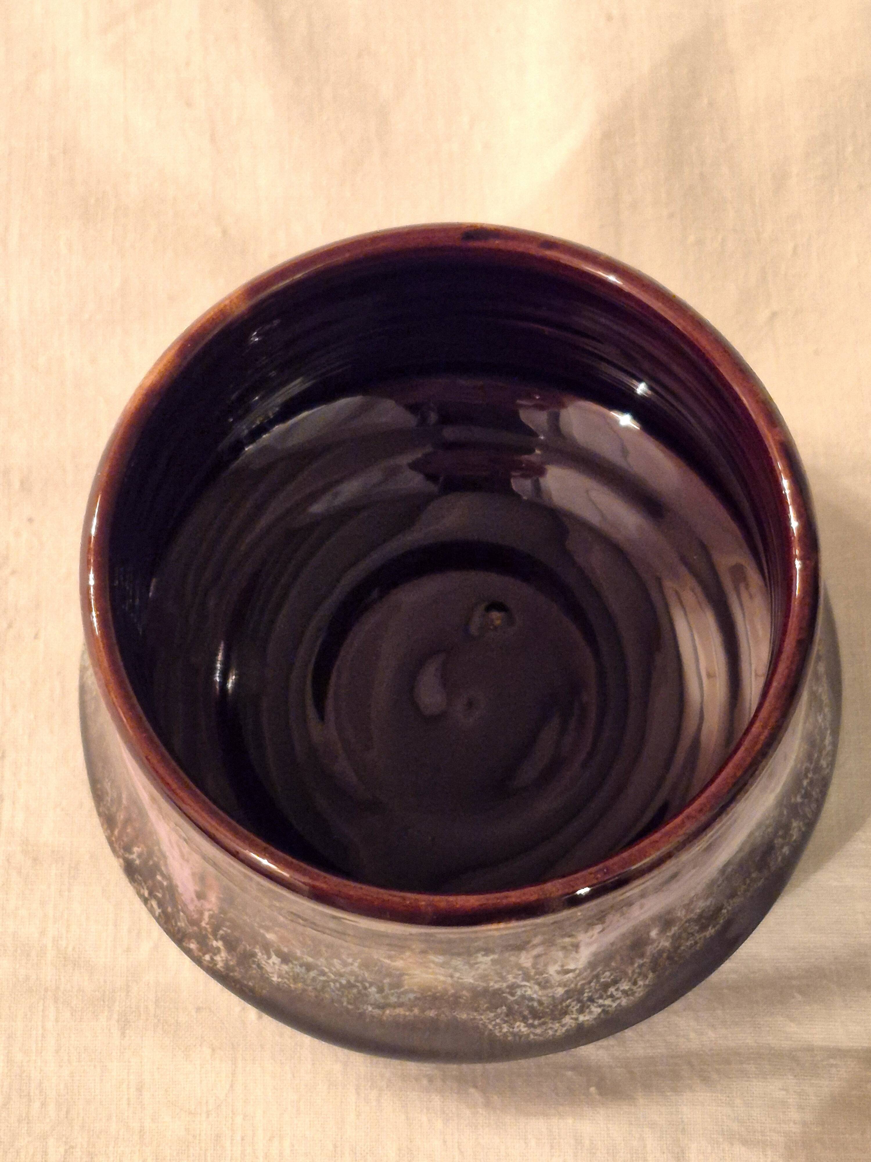 Covered sugar bowl Vallauris glazed ceramic brown old pink A152-3