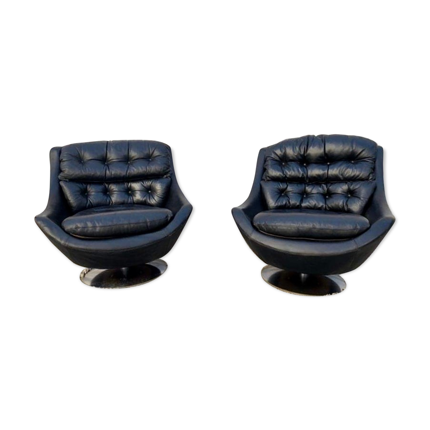 Pair of vintage swivel armchairs in black leather Tulip foot