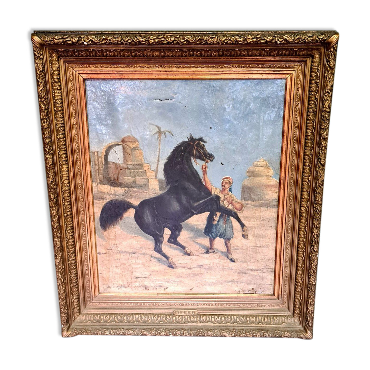 Peinture orientale d’un cheval avec une personne par Alexis de Reus 1908