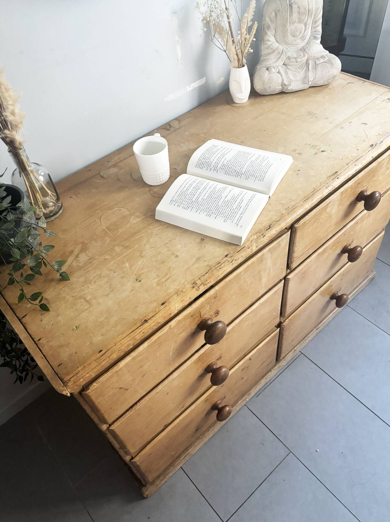 Vintage solid pine English trade counter furniture