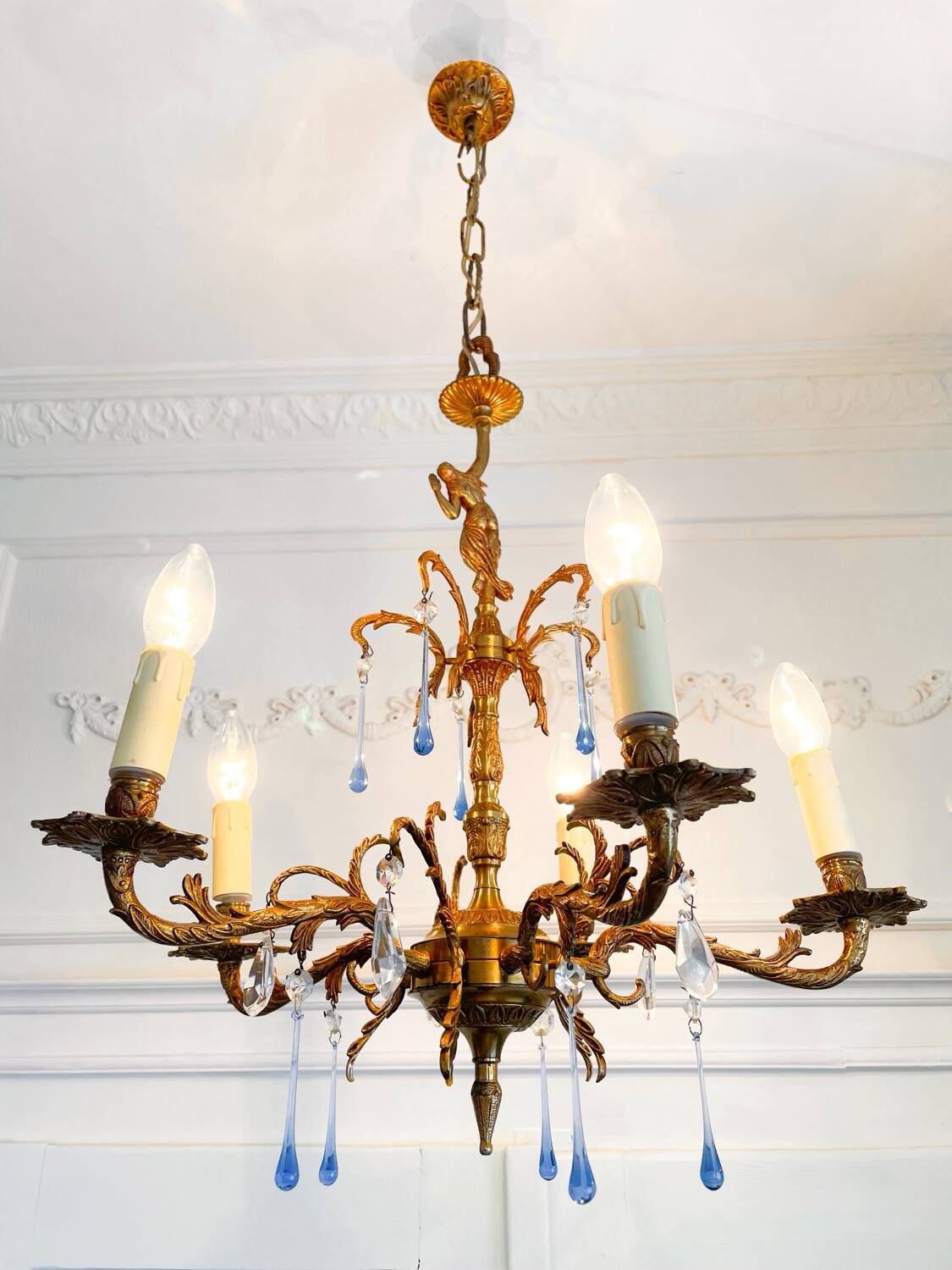Élégant lustre vintage en bronze avec pampilles Murano bleu saphir – 5