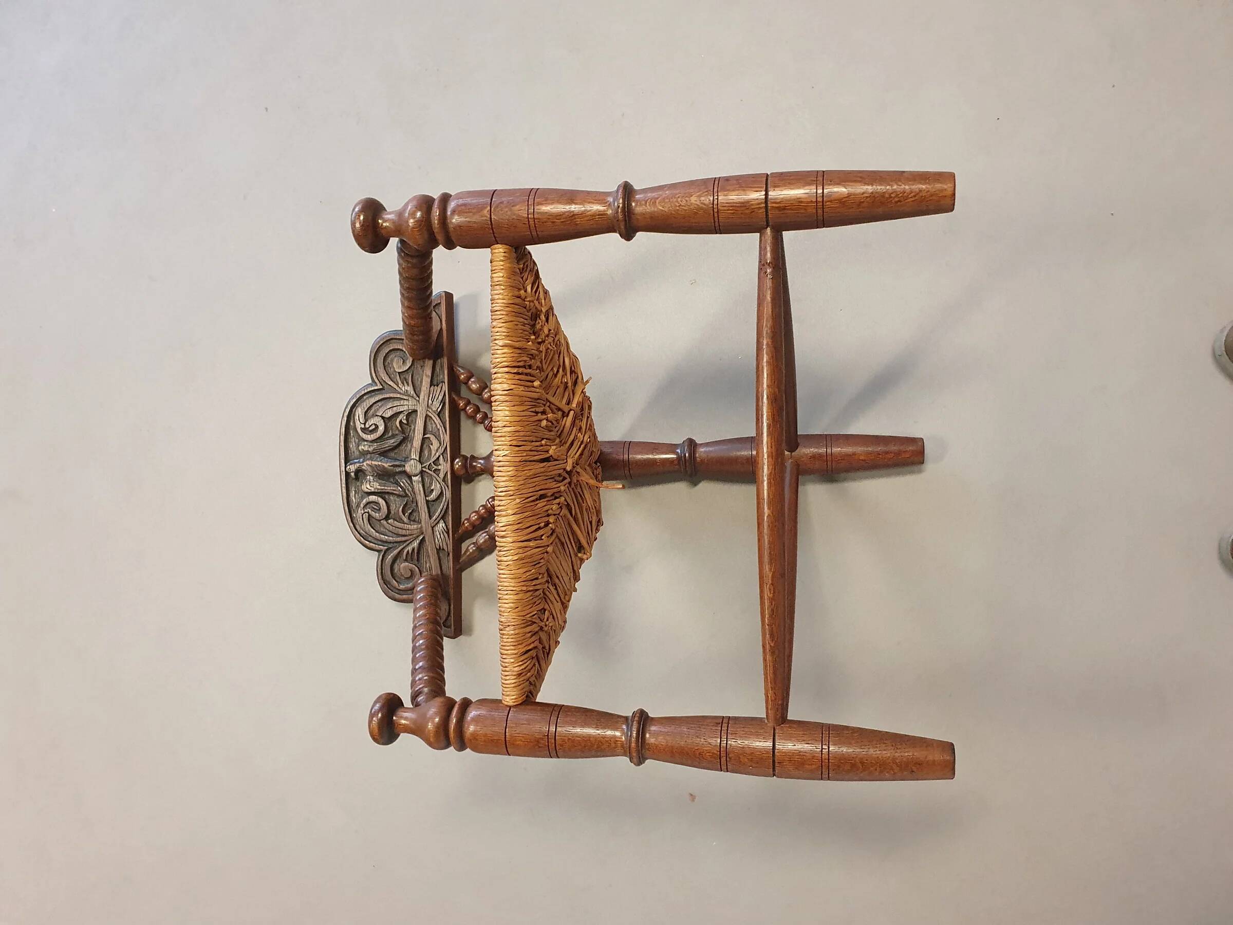 Dutch triangular turned wood corner chair rush seat knitting armchair