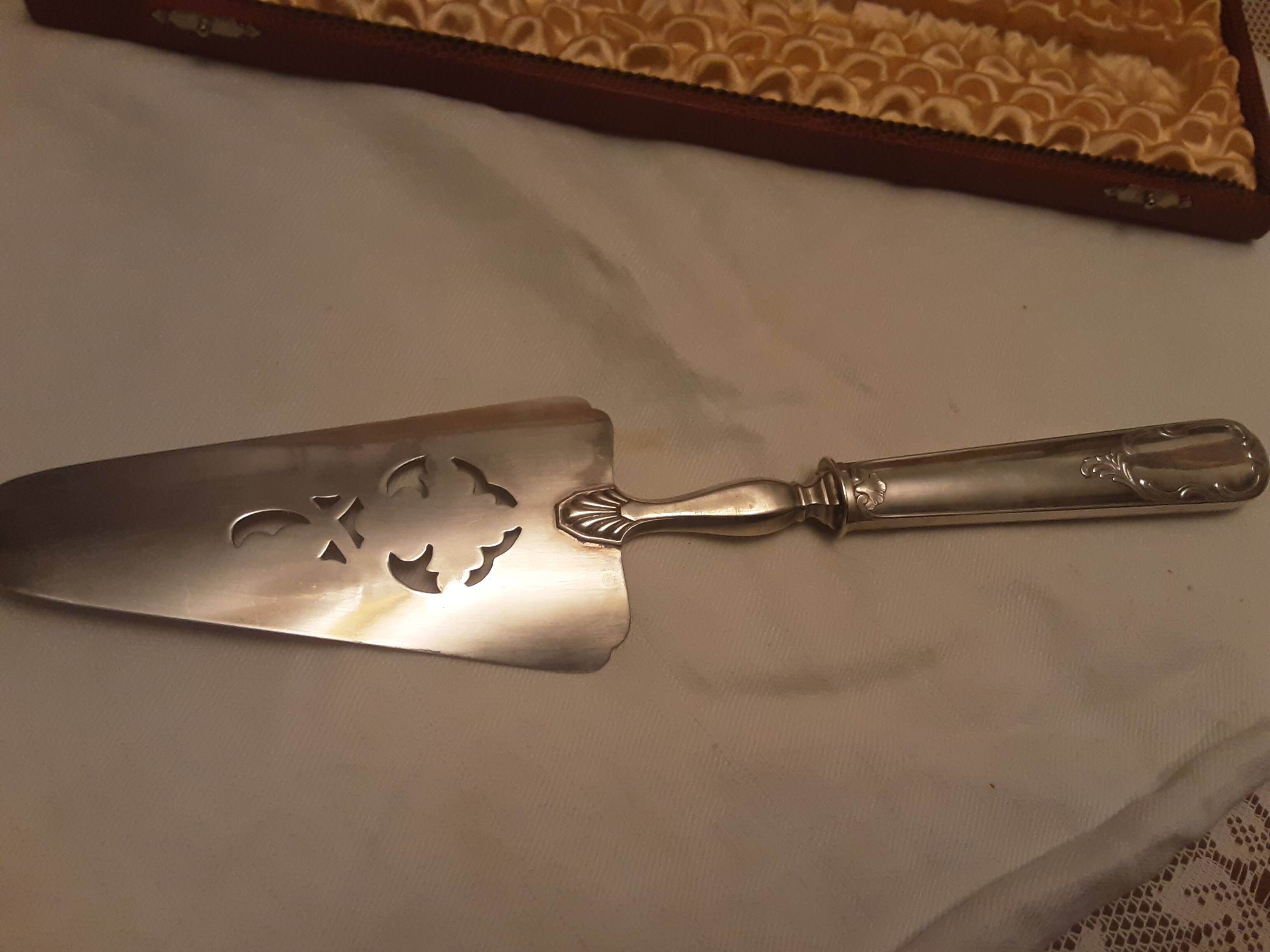 Painted silver metal cake peel in its box