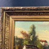 Lively mountainous landscape painting with river, gilded stucco wood frame, late 19th century