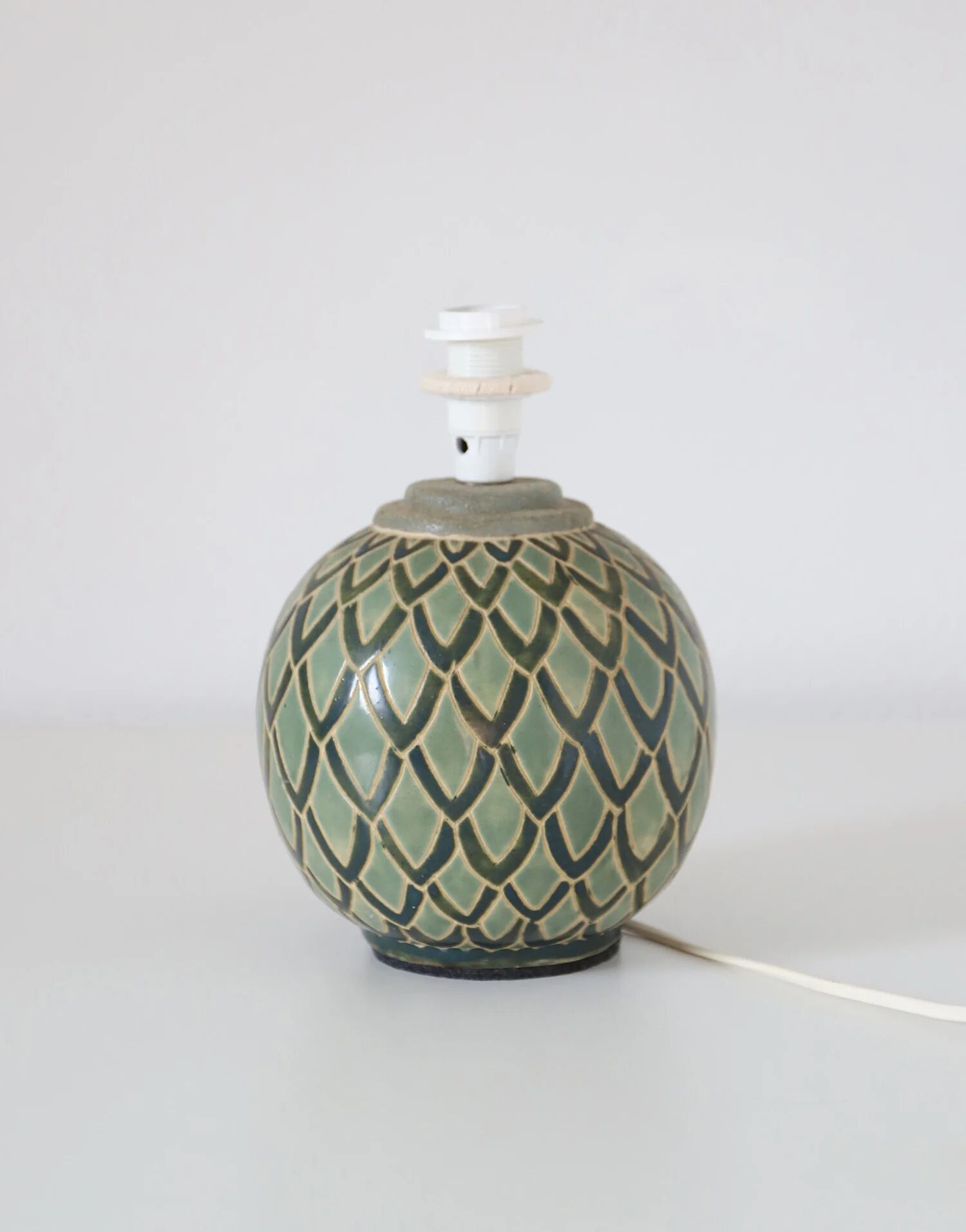 Recycled vintage lamp — ceramic art deco ball base and linen shade