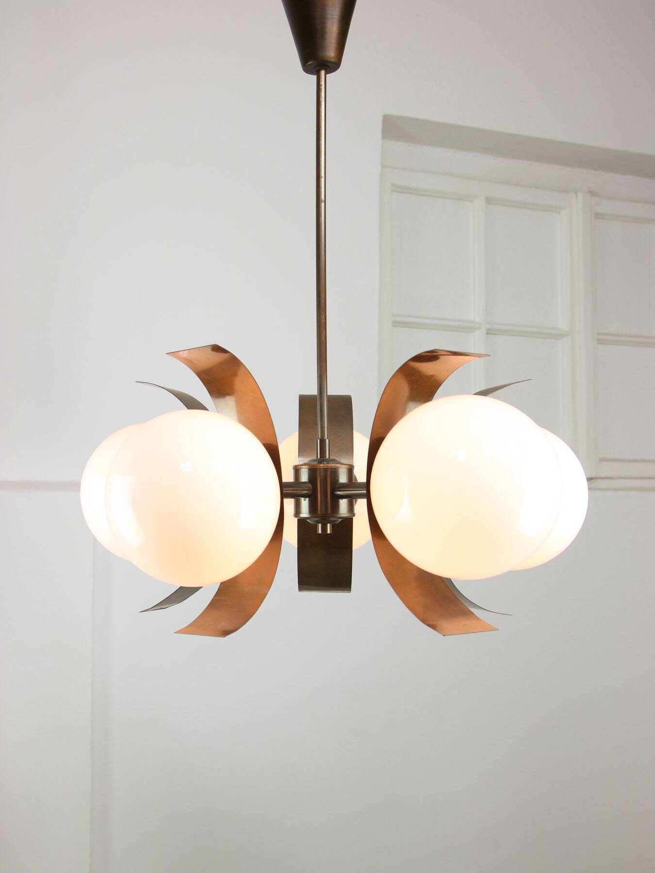 Vintage Italian Copper & Opaline Chandelier, 70s