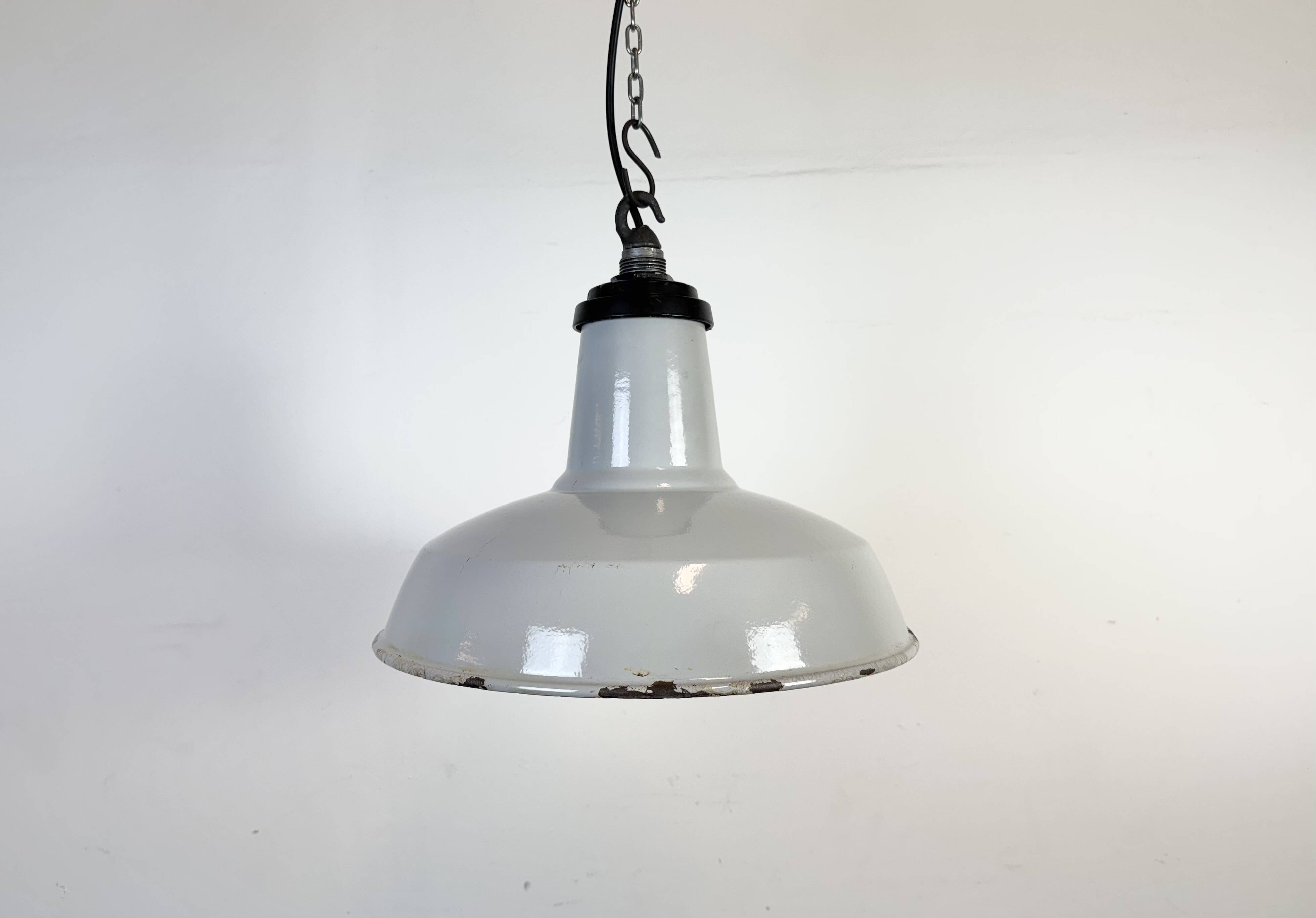 Industrial Grey Enamel Factory Pendant Lamp, 1960s