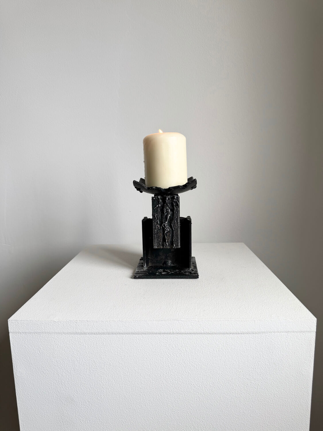 Vintage Brutalist Heavy Sculpture Wrought Iron Candle Holder