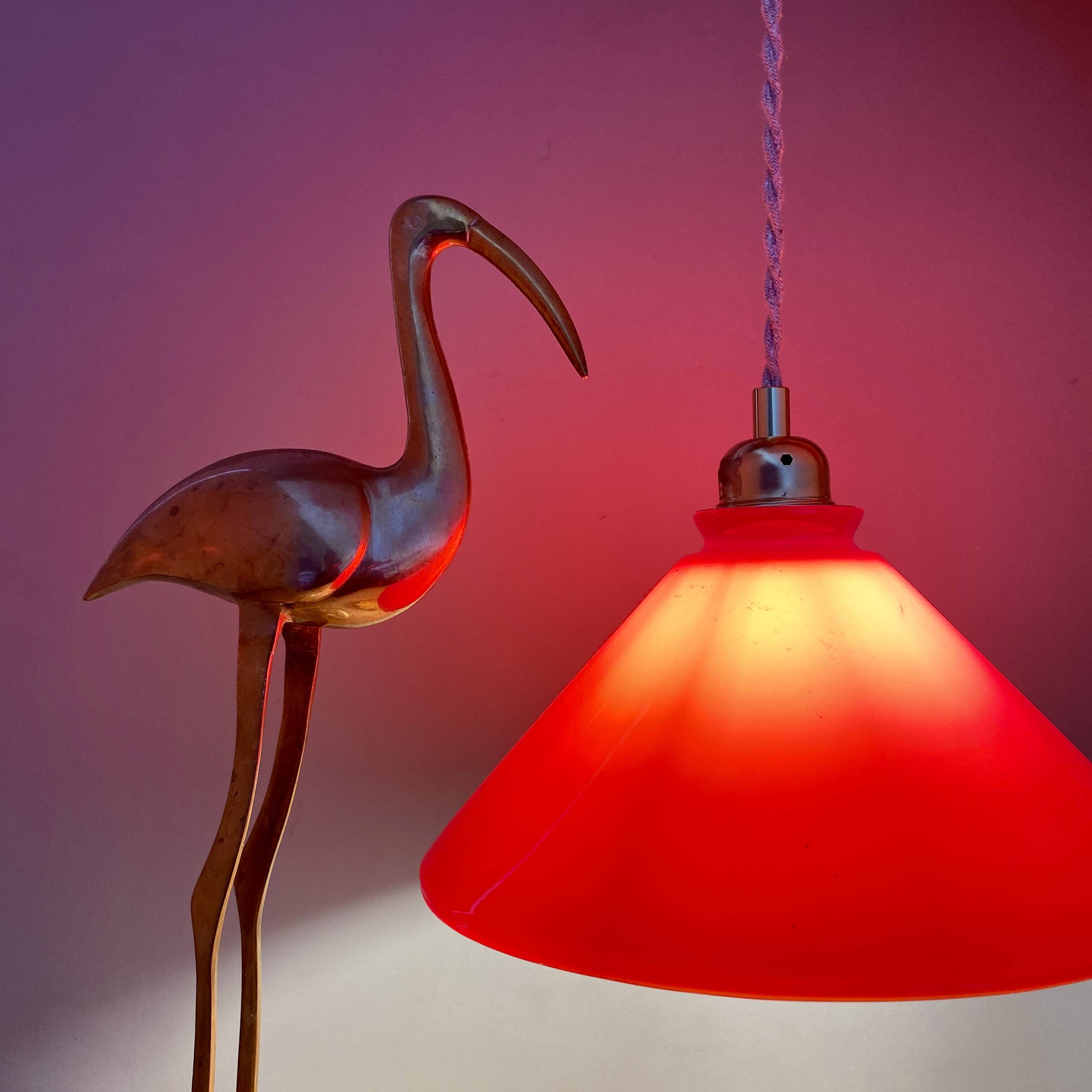 Vintage lampshade pendant light in red and white opaline