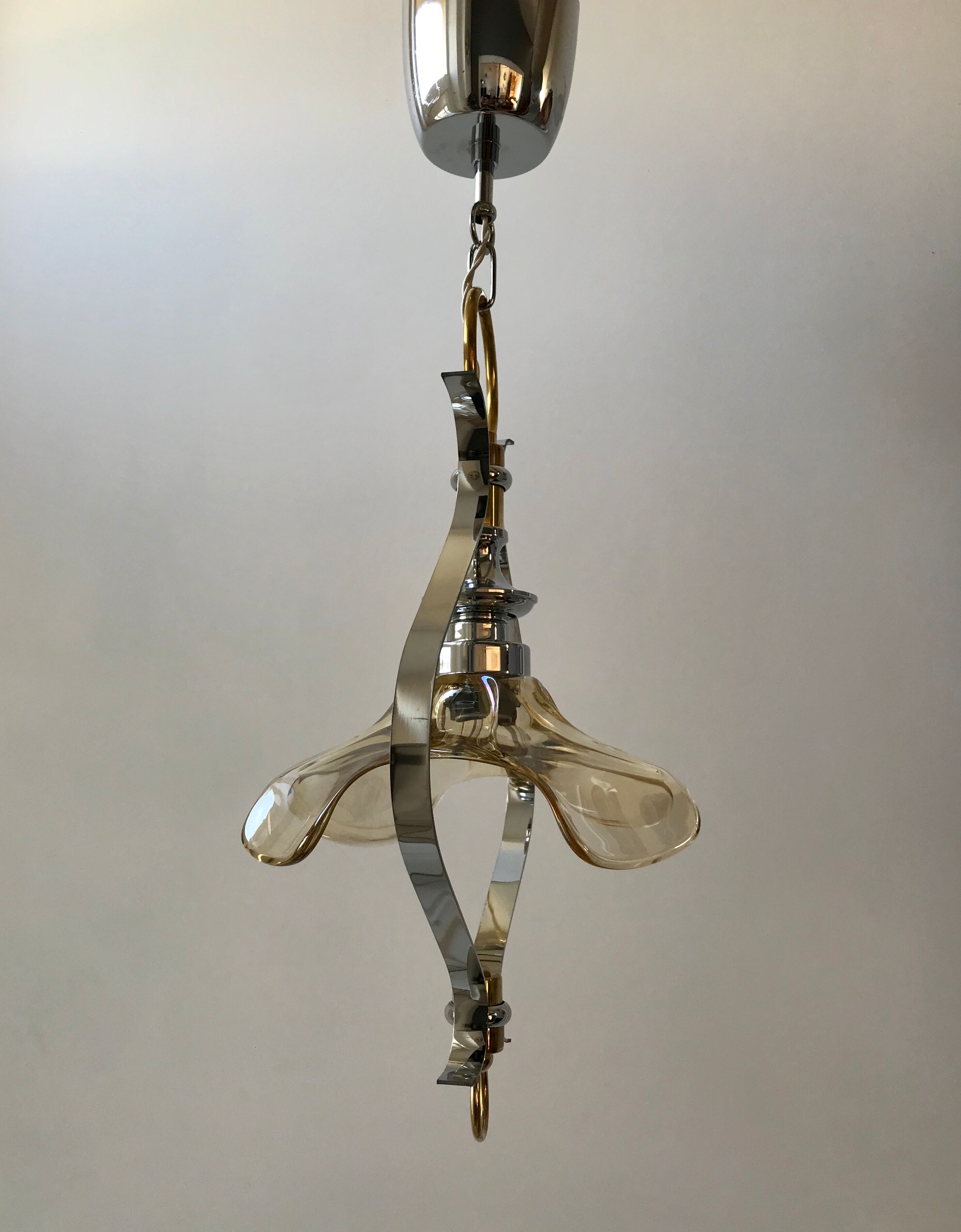 Petal hanging lamp in glass, brass and chrome metal 50