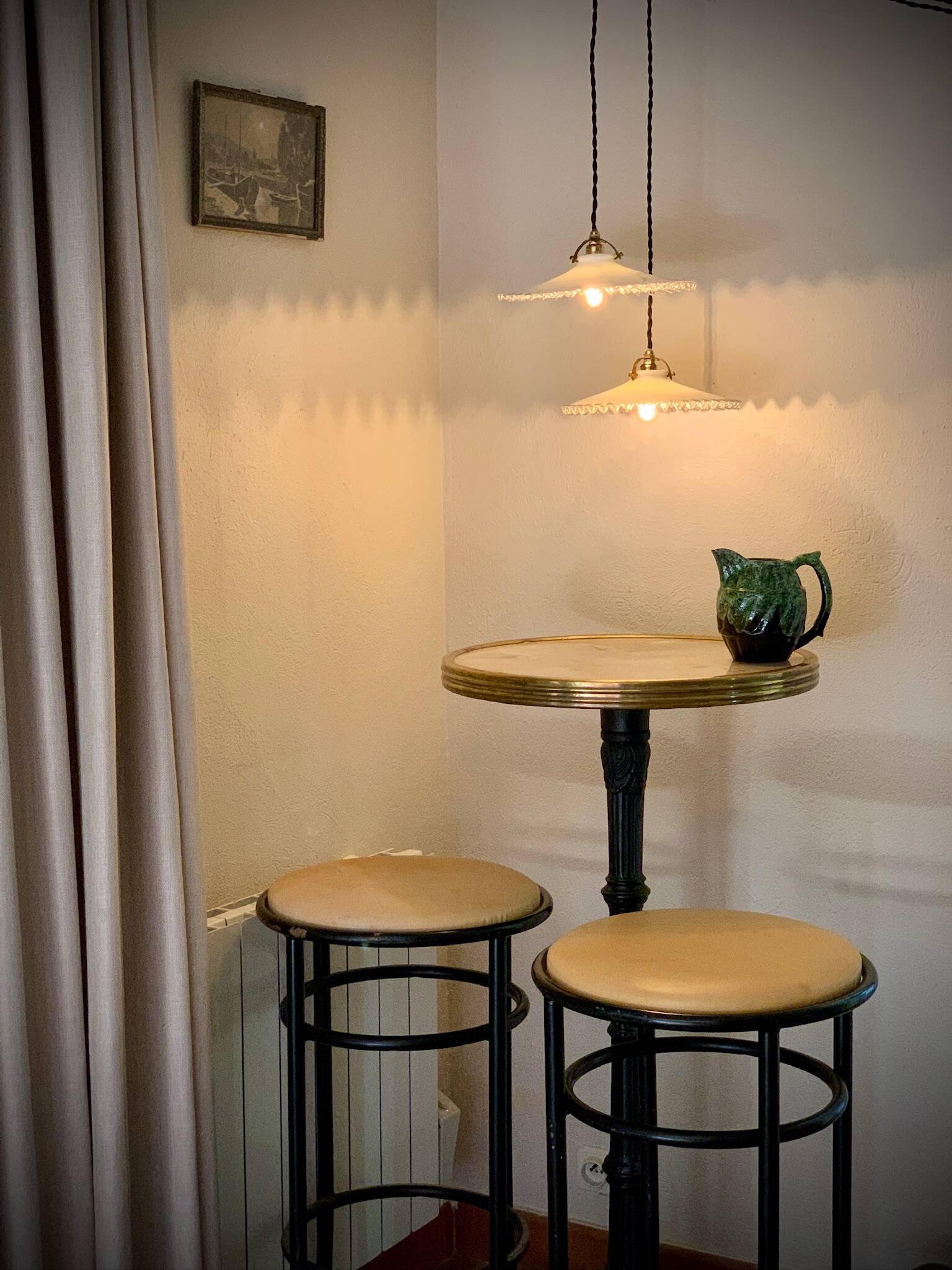 Pair of bistro pendant lights in serrated opaline